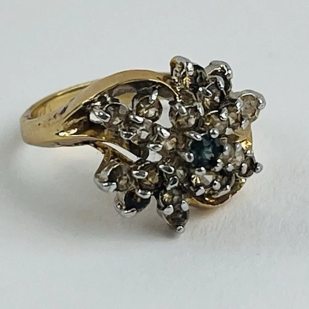 18K HGE Vintage Flower Cocktail Cluster Rhinestone Ring Size 7 citrine look blue